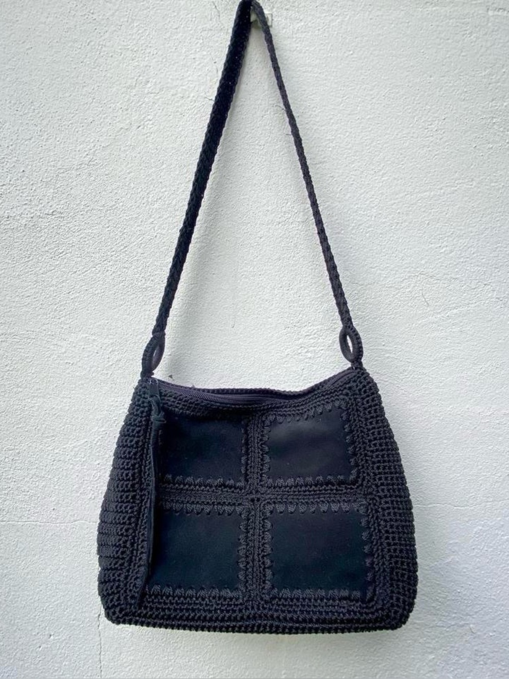 Y2K Boho Black Crochet & Suede Panel Long Strap Shoulder Bag